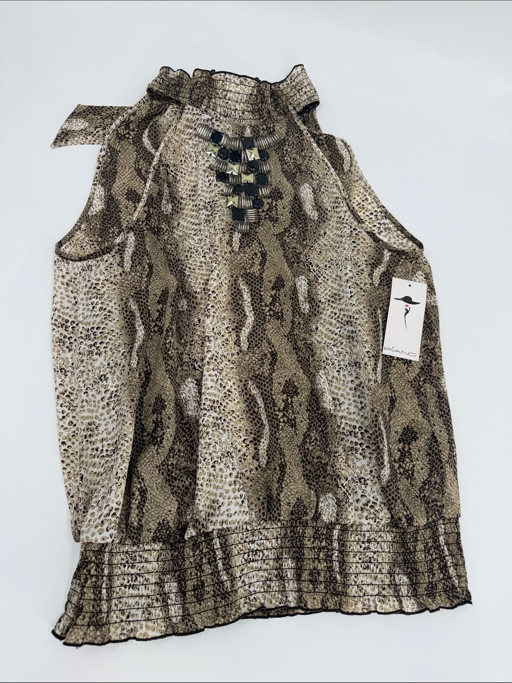 Piano Sleeveless Snake-Print Mock Neck Top with Embellished Front
